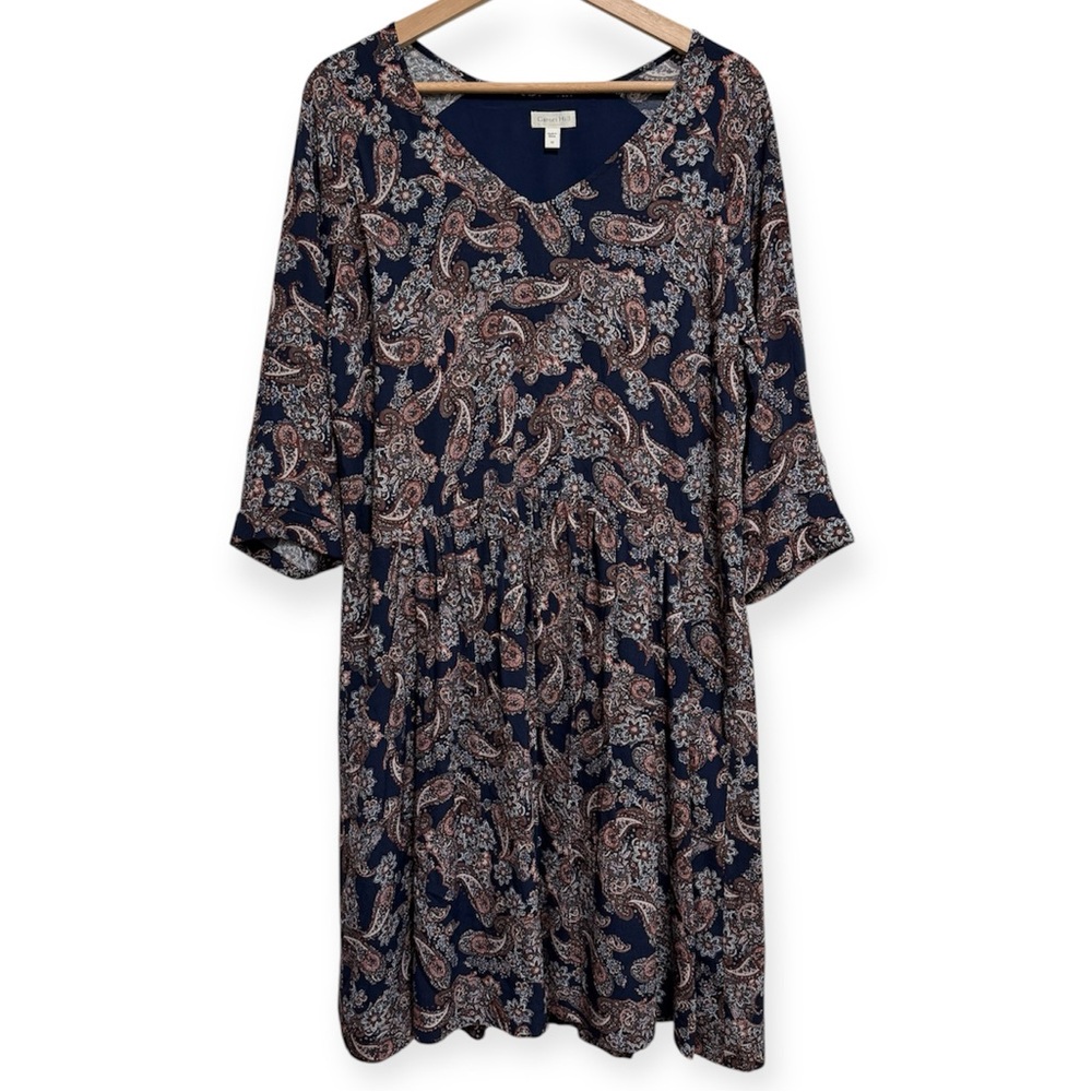 Garnet Hill Paisley Boho Peasant Dress 3/4 Sleeves Pockets Size 12